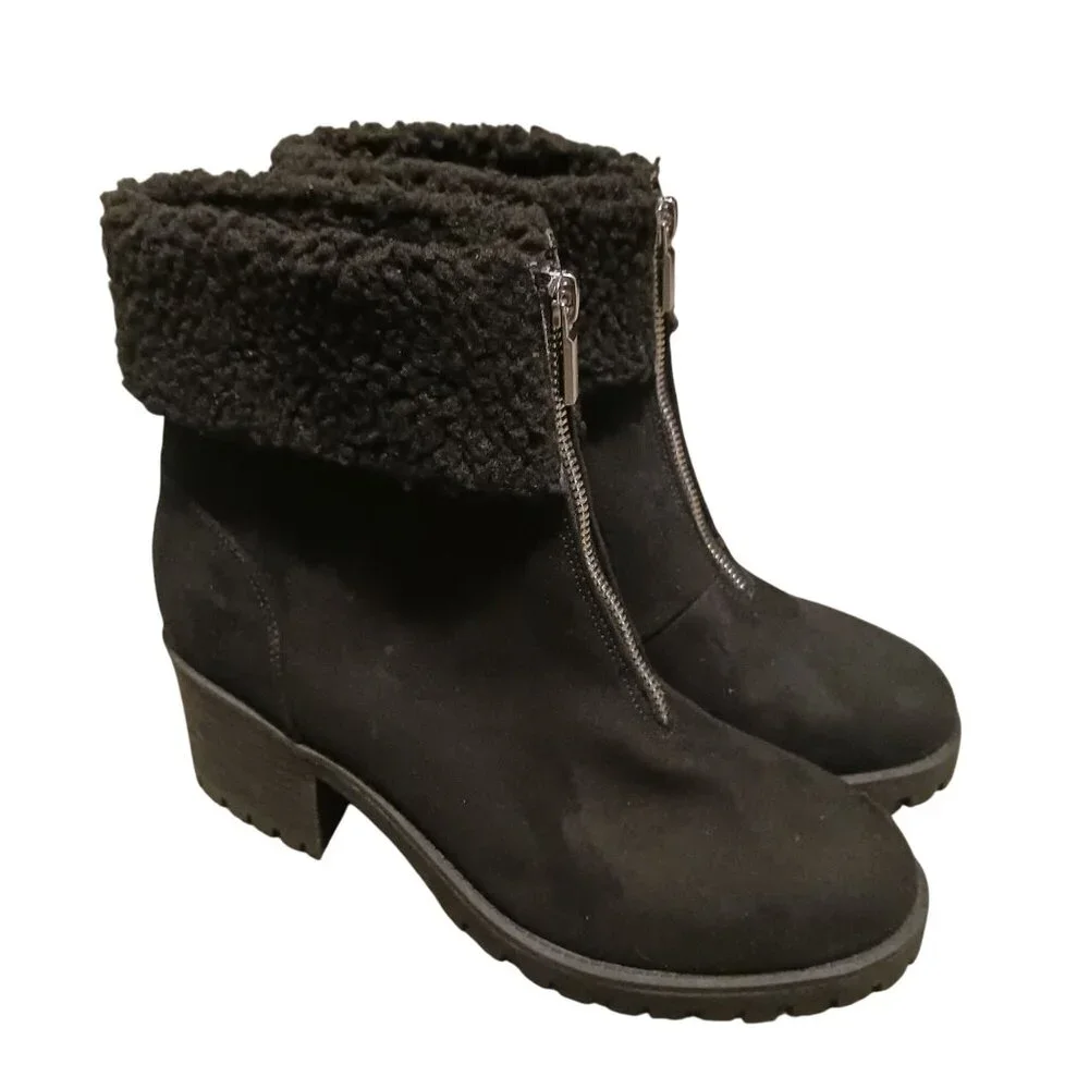 NEW Style &‎ Co Biancaa Faux Suede Lug Sole Booties Black Size 8.5 Front Zipper